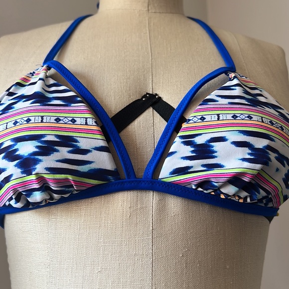 PINK Reversible Blue & Neon Multi-Color Tribal Design Bikini Top Size Small - Picture 2 of 7